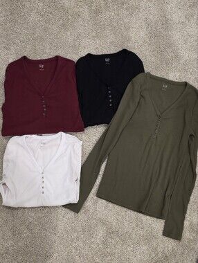GAP Long Sleeve Henley Tops - Burgundy, Black, Olive, White